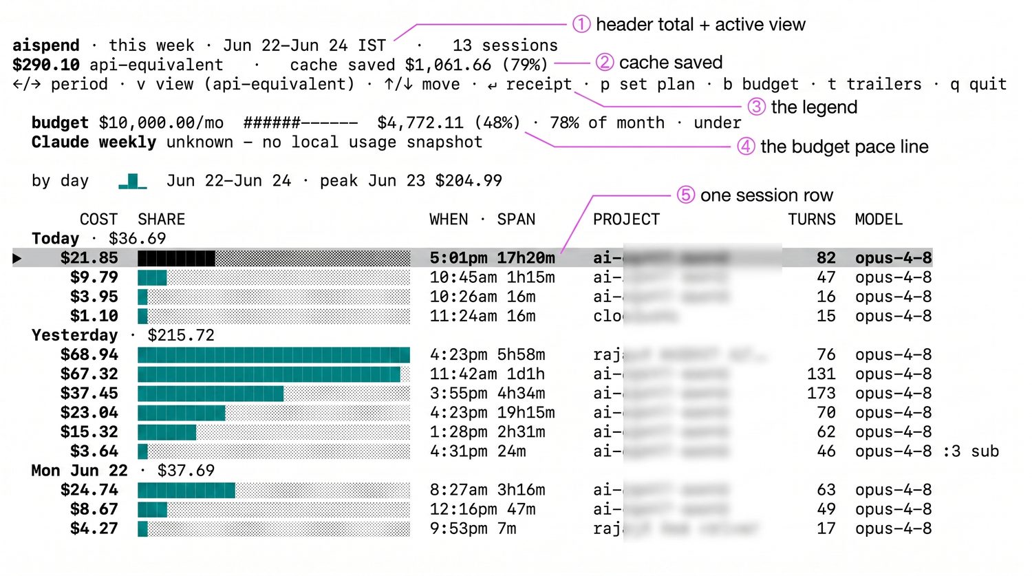 AiSpend explorer: sessions ranked by api-equivalent spend, with cache savings and budget pace